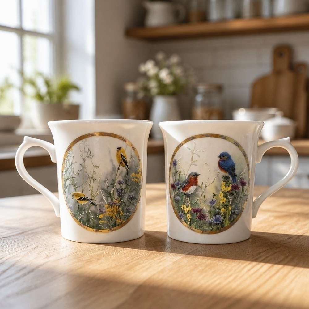 Two 1994 Lenox Nature's Collage Mugs Catherine McClung Birds Porcelain